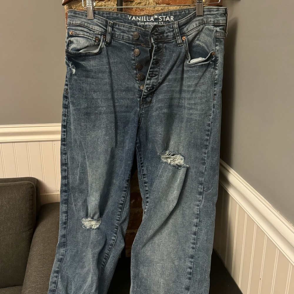 Distressed Button Fly Vanilla Star Blue Jeans Juniors Size 13